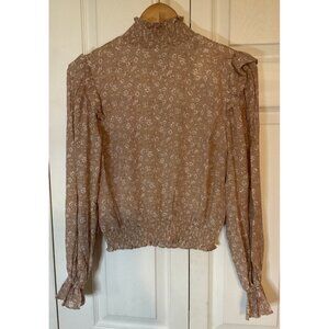E & M Floral Tan Classic Romantic‎ Ruffle Top Blouse Small New Boho Cottagecore